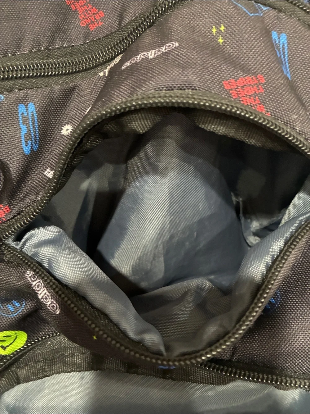 adidas Black Backpack with Bright Blue Stripes and Multicolor Accents